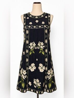 Maeve Anthropologie embroidered floral navy & white / green shift dress. Size 6